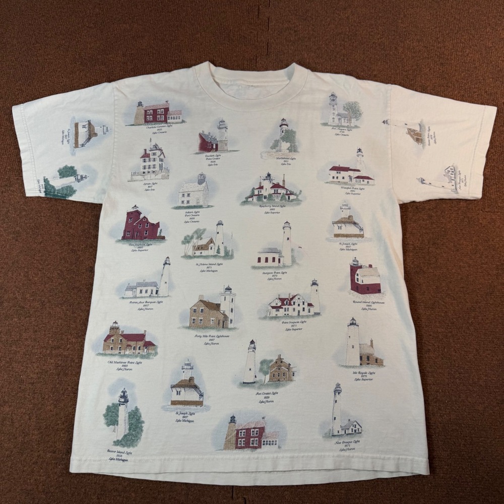 A+ Vintage Great Lakes Lighthouses All Over Print T-Shirt White XL 1998 Nautical